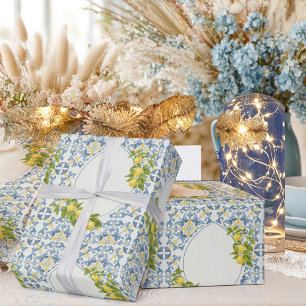 Papel De Presente Limão de Azulejo Azul Italiano