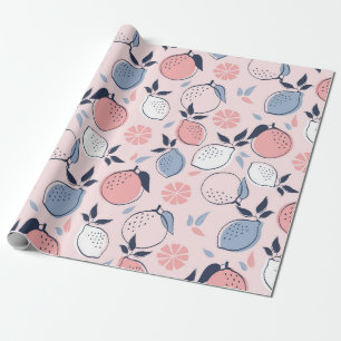 Papel De Presente Limão Tropical Blush cor-de-rosa, azuis e marinho