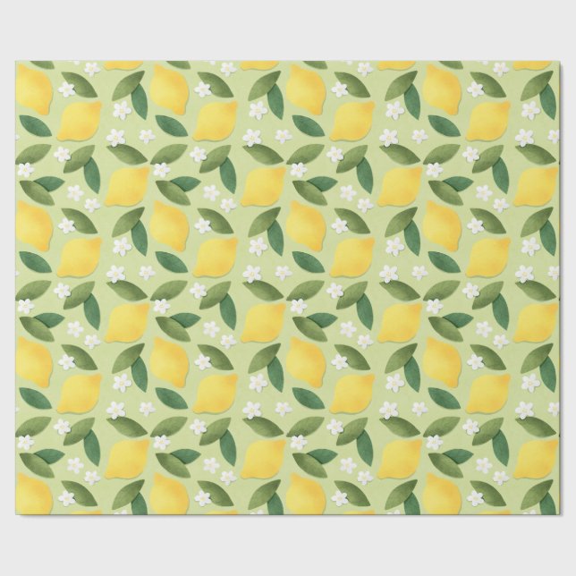 Papel De Presente Limões Amarelos, Folhas Verdes e Flores Brancas (Barra)