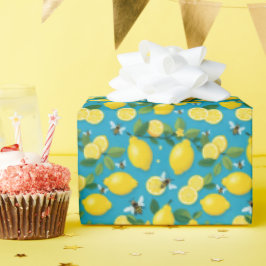 Papel De Presente Limões Amarelos Frescos E Abelhas Atarefadas Azul