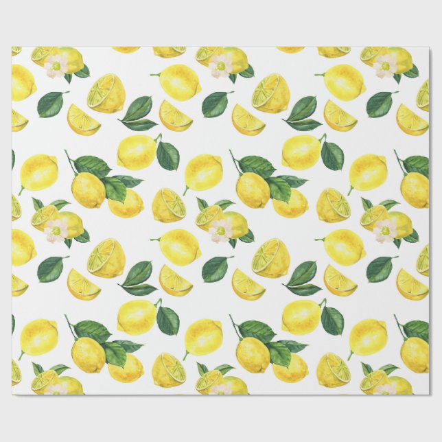 Papel De Presente Limões Amarelos Padrão de Fruta de Aquarela (Aberto)