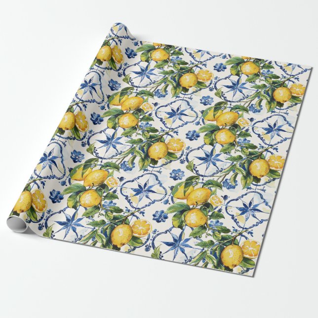 Papel De Presente Limões da Costa do Amalfi e padrão dos Azulejos (Desenrolado)