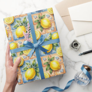 Papel De Presente Limões de Amalfi, Diamantes e Azulejos Mediterrâne