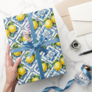Papel De Presente Limões de Amalfi, Diamantes e Azulejos Mediterrâne