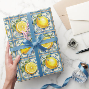 Papel De Presente Limões de Amalfi, Diamantes e Azulejos Mediterrâne