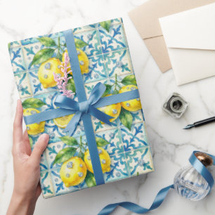 Papel De Presente Limões de Amalfi, Diamantes e Azulejos Mediterrâne