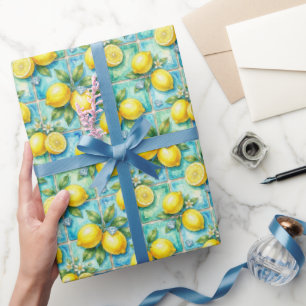 Papel De Presente Limões de Amalfi, Diamantes e Azulejos Mediterrâne