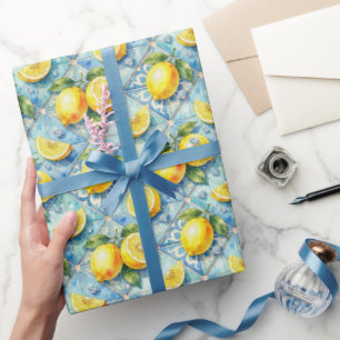 Papel De Presente Limões de Amalfi, Diamantes e Azulejos Mediterrâne