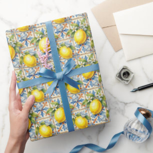Papel De Presente Limões de Amalfi, Diamantes e Azulejos Mediterrâne
