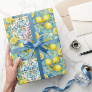 Papel De Presente Limões de Amalfi, Diamantes e Azulejos Mediterrâne