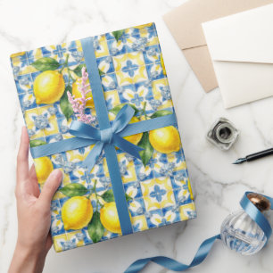 Papel De Presente Limões de Amalfi, Diamantes e Azulejos Mediterrâne