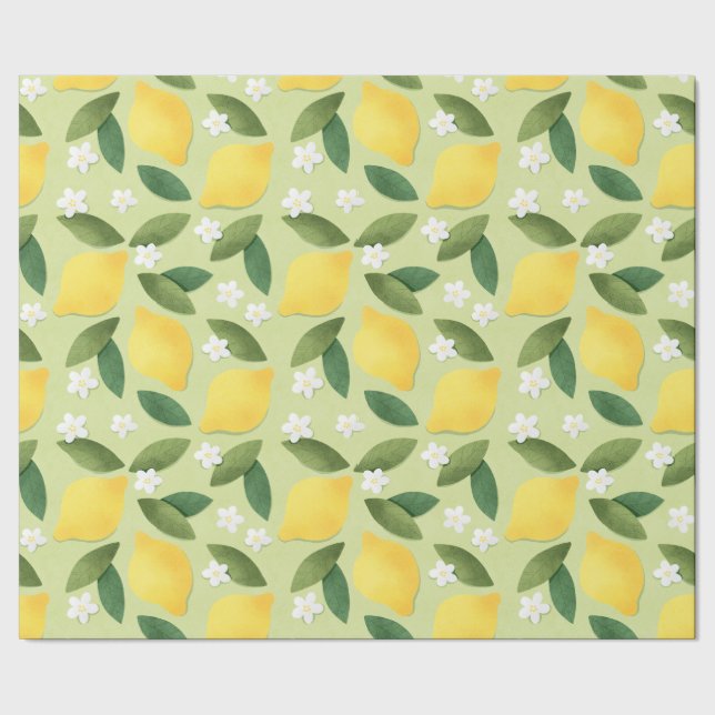 Papel De Presente Limões e Flores Brancas em Fundo Verde (Barra)