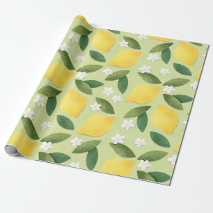Papel De Presente Limões e Flores Brancas em Fundo Verde