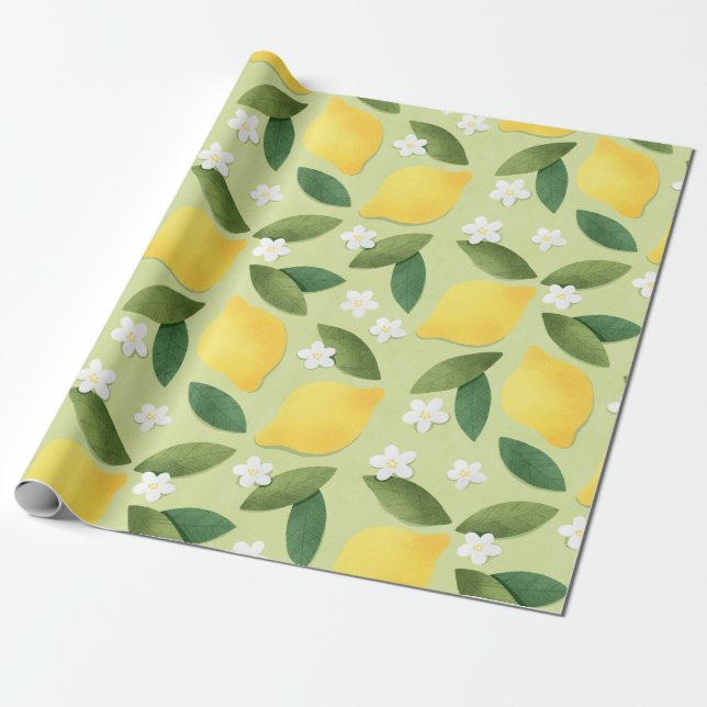 Papel De Presente Limões e Flores Brancas em Fundo Verde (Desenrolado)