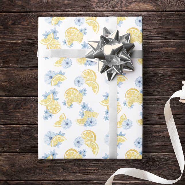 Papel De Presente Limões e flores em fatias com aquarelas (Watercolor Lemon & Blue Flower Gift Wrap for Baby Shower, Birthday or Main Squeeze Bridal Shower)