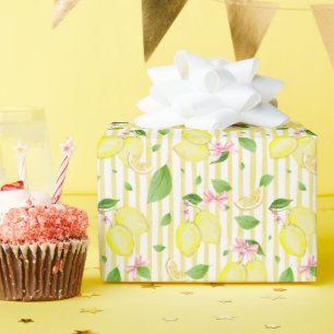 Papel De Presente Limonete Coquete Laços Rosa E Listras Amarelas