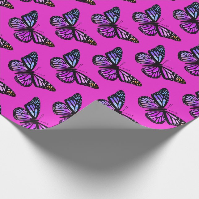 Papel De Presente Linda Aquarela Borboletas Padrão Rosa Quente (Ponta)