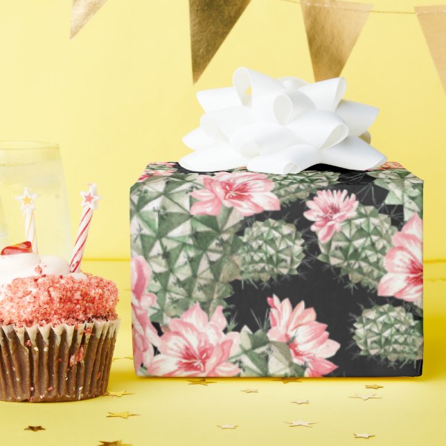 Papel De Presente Linda Aquarela Cactus Padrão Rosa Verde (Festa de aniversário)