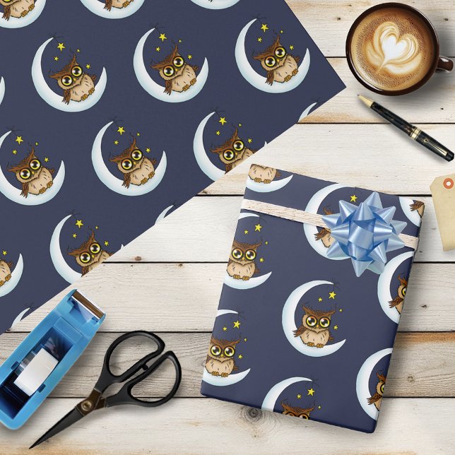 Papel De Presente Linda Coruja Marrom Crescente Estrelas Azuis (Criador carregado)