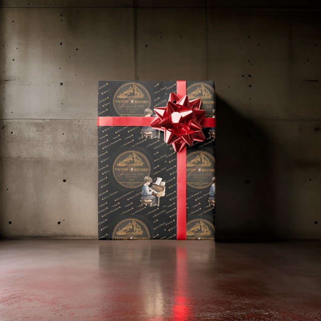 Papel De Presente Linda Criança Piano Victor Record Black Bronze (Criador carregado)