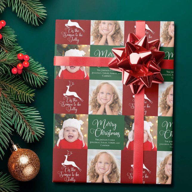 Papel De Presente Linda Foto de Natal Personalizada Família Vermelha (Criador carregado)