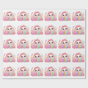 Papel De Presente Linda Kawaii Bella Bunny Nome Pastel Rosa Floral B