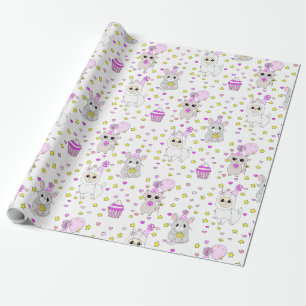 Papel De Presente Linda Lhama, Gatinho e Rato Cupcake Roxo Meninas