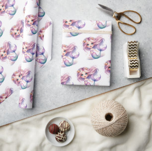 Papel De Presente Linda pequena sereia aquarela roxo turquesa