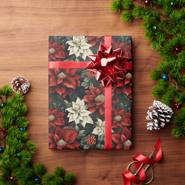 Papel De Presente Linda Poinsettia Vermelha e Verde (Presente de Natal)