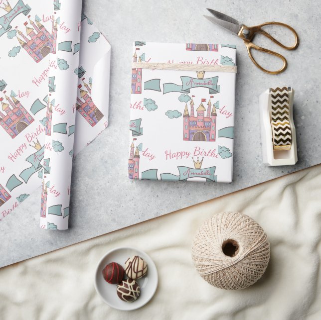 Papel De Presente Linda Princesa do Conto de Fadas Rosa Castelo Nome (Artesanato)