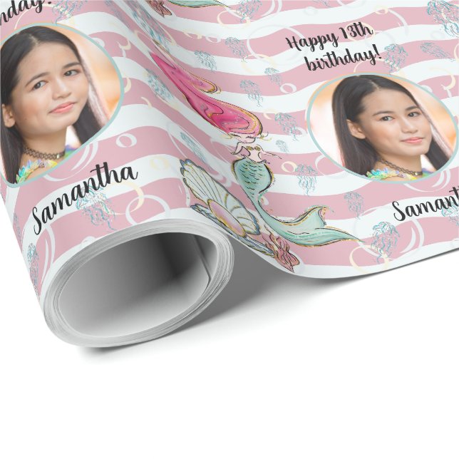 Papel De Presente Linda Sereia de Foto Personalizada Sob O Mar (Ponta do rolo)