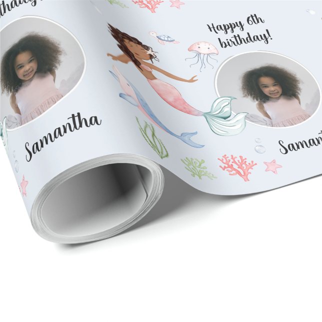 Papel De Presente Linda Sereia de Foto Personalizada Sob O Mar (Ponta do rolo)