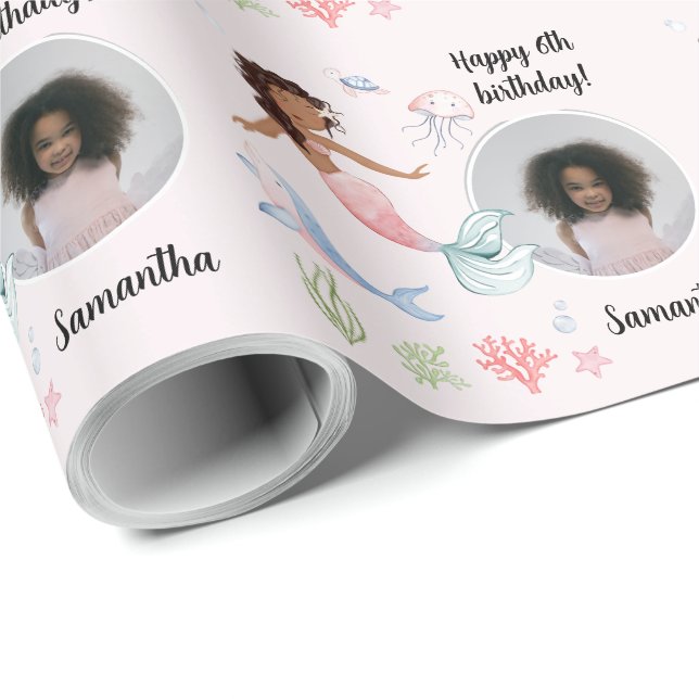 Papel De Presente Linda Sereia de Foto Personalizada Sob O Mar (Ponta do rolo)