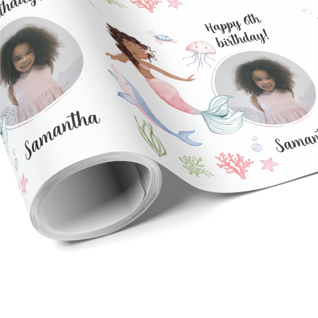 Papel De Presente Linda Sereia de Foto Personalizada Sob O Mar (Ponta do rolo)