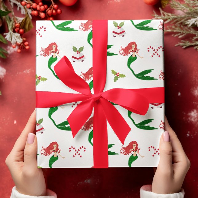 Papel De Presente Linda Sereia de Natal Verde Vermelha (Criador carregado)