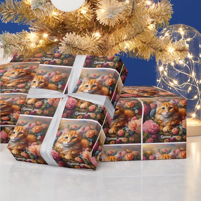 Papel De Presente Linda Tabby Laranja Gato e Flores (Feriados)