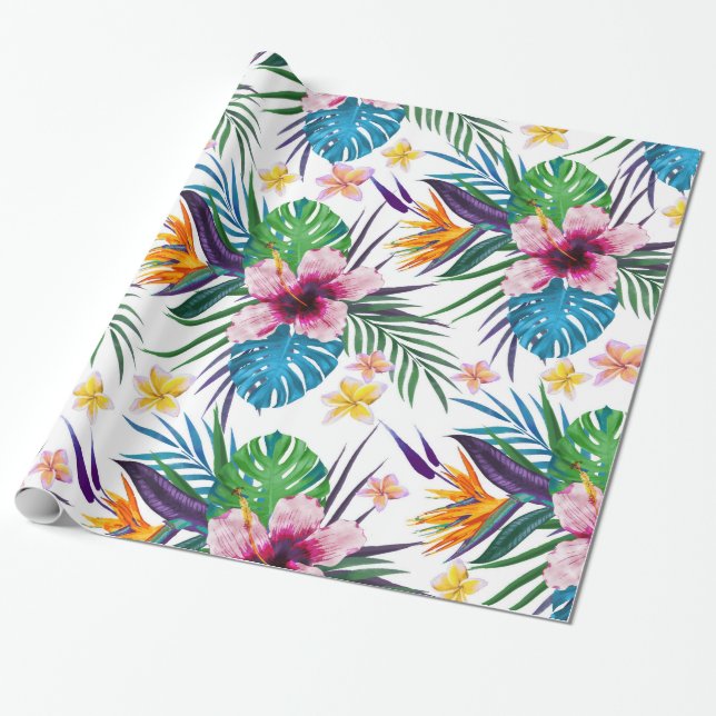 Papel De Presente Lindas aquarelas tropicais de tinta floral (Desenrolado)