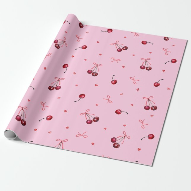 Papel De Presente Lindas Cerejas Vermelhas Laços Corações em Rosa (Desenrolado)