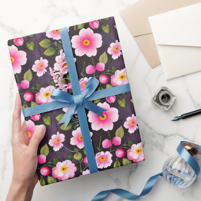 Papel De Presente Lindas flores de cerejeira vermelhas, azuis, amare (Presentear)