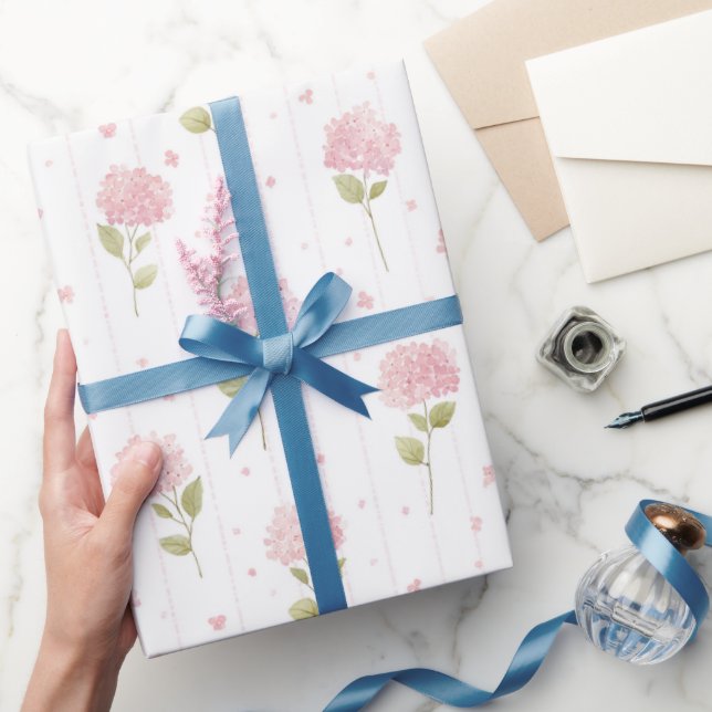 Papel De Presente Lindas Flores de Hortênsia Rosa no Chá de Noiva (Presentear)