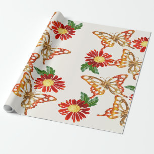 Papel De Presente Lindas flores laranja e borboletas