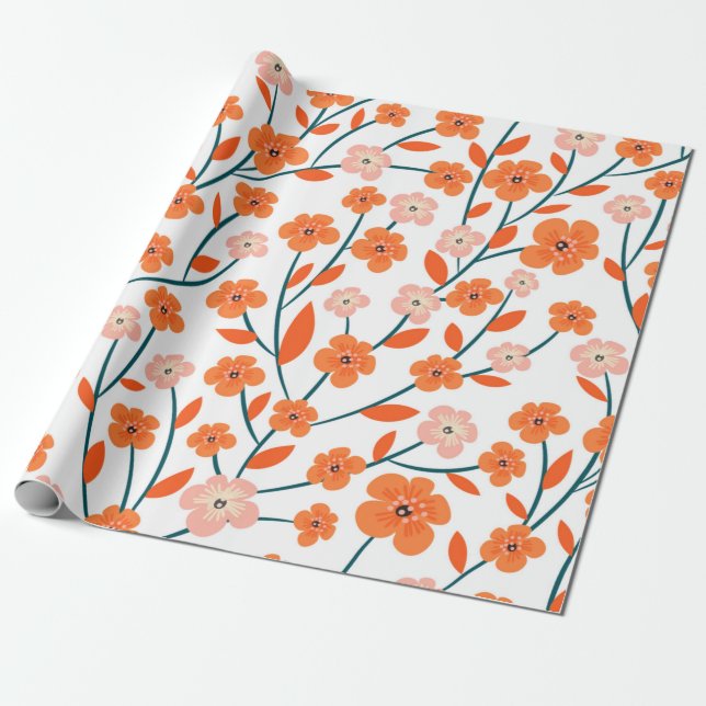 Papel De Presente Lindas flores laranja e pastel, sem costura (Desenrolado)