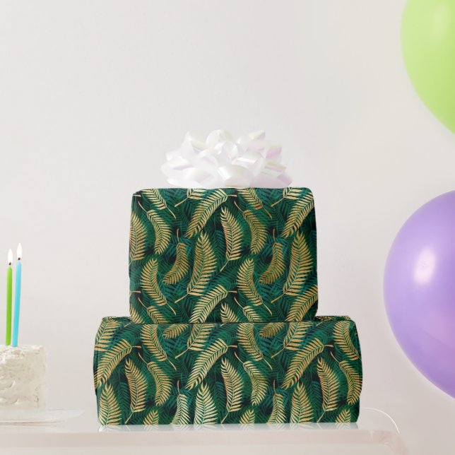 Papel De Presente Lindas folhas tropicais Douradas e verdes (Presentes para festas)