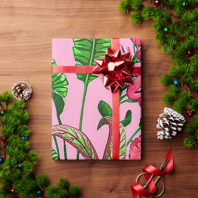 Papel De Presente Lindas Folhas Verdes Tropicais com Flores Vermelha (Presente de Natal)