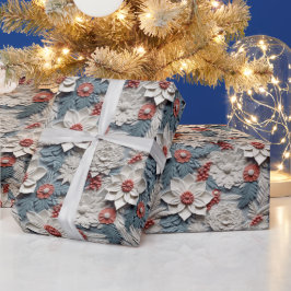 Papel De Presente Lindas Poinsettias 3D, brancas e azuis