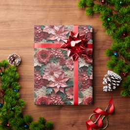 Papel De Presente Lindas Poinsettias 3D Rosa e Vermelhas