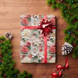 Papel De Presente Lindas Poinsettias Brancas e Vermelhas 3D