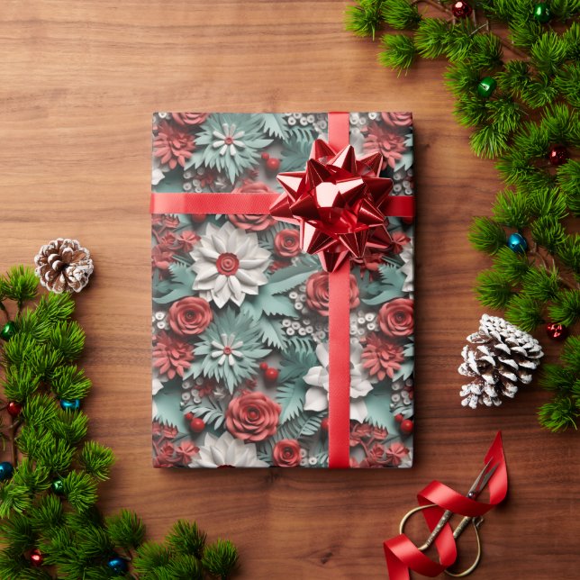 Papel De Presente Lindas Poinsettias Vermelhas e 3D Verde (Presente de Natal)