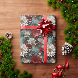 Papel De Presente Lindas Poinsettias Vermelhas e 3D Verde