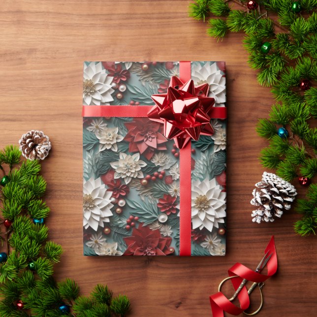 Papel De Presente Lindas Poinsettias Vermelhas e 3D Verde (Presente de Natal)